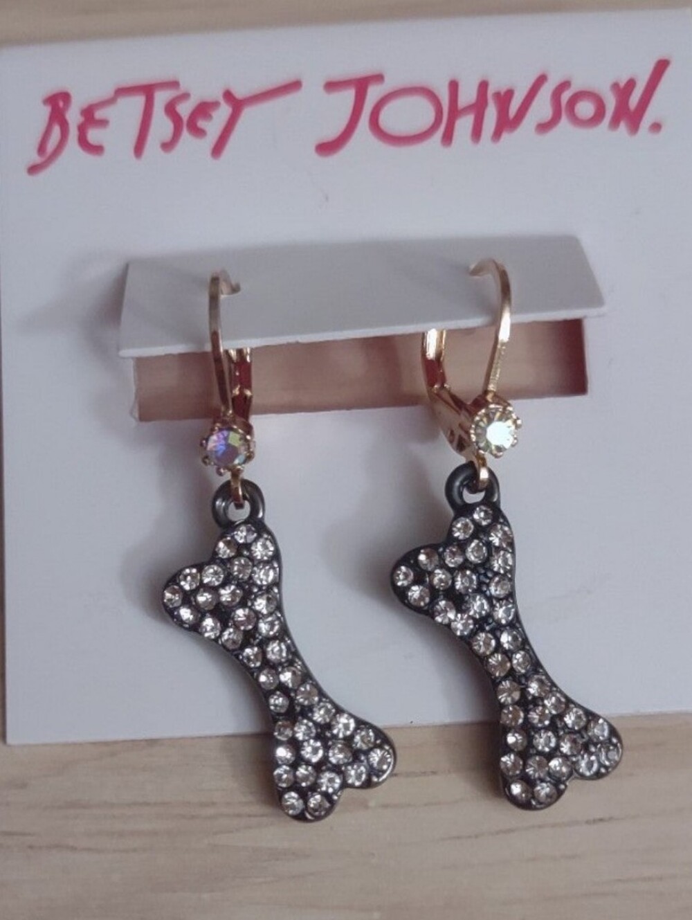 Betsey Johnson Halloween Dog Bone Black Metal Crystal Charm Earrings Bling Y2K